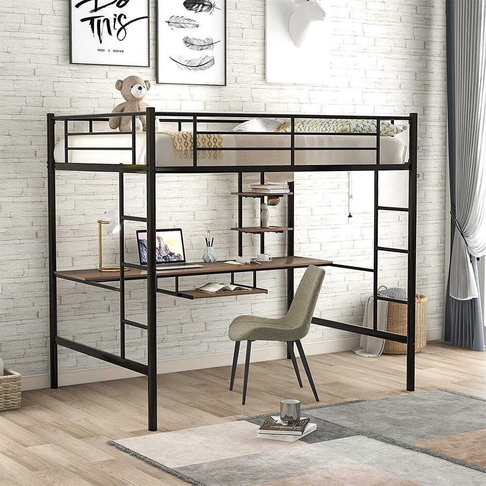 Full Loft Beds Metal Loft Bed Frame with Desk and Shelves for Boy Girls Teens Adults