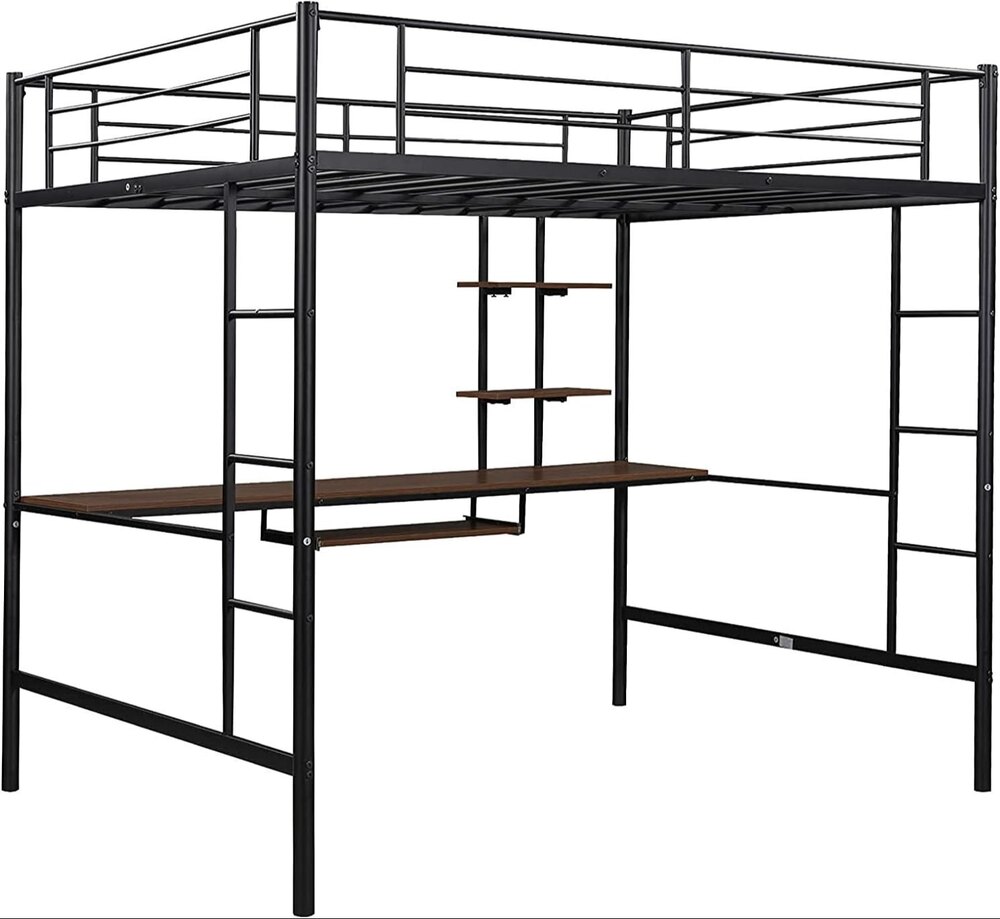 Full Loft Beds Metal Loft Bed Frame with Desk and Shelves for Boy Girls Teens Adults