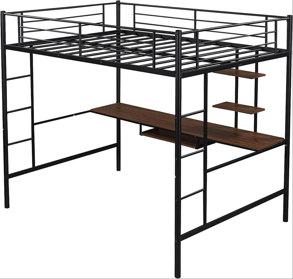 Full Loft Beds Metal Loft Bed Frame with Desk and Shelves for Boy Girls Teens Adults