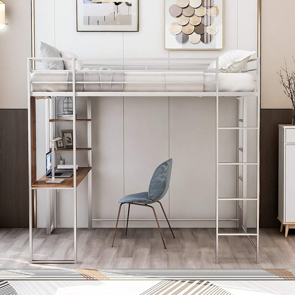 Full Loft Beds Metal Loft Bed Frame with Desk and Shelves for Boy Girls Teens Adults, Full Size,