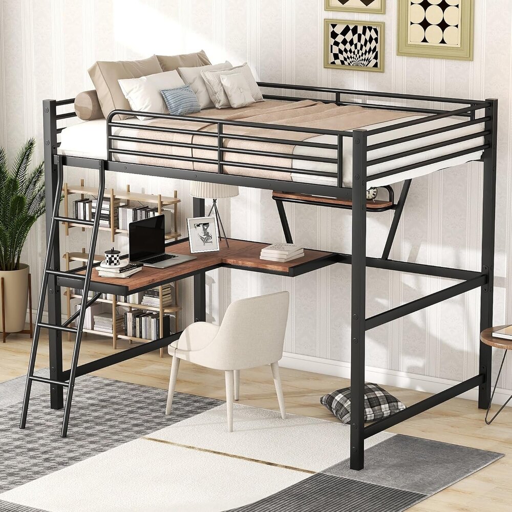 Full-Size Metal Loft Bed with Desk and Shelf, Full Bed Frame for Dorm, Boys & Girls, Teens, Black