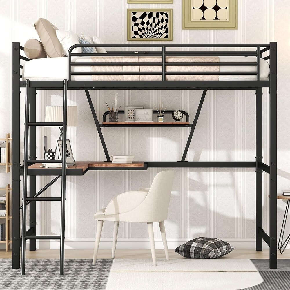 Full-Size Metal Loft Bed with Desk and Shelf, Full Bed Frame for Dorm, Boys & Girls, Teens, Black