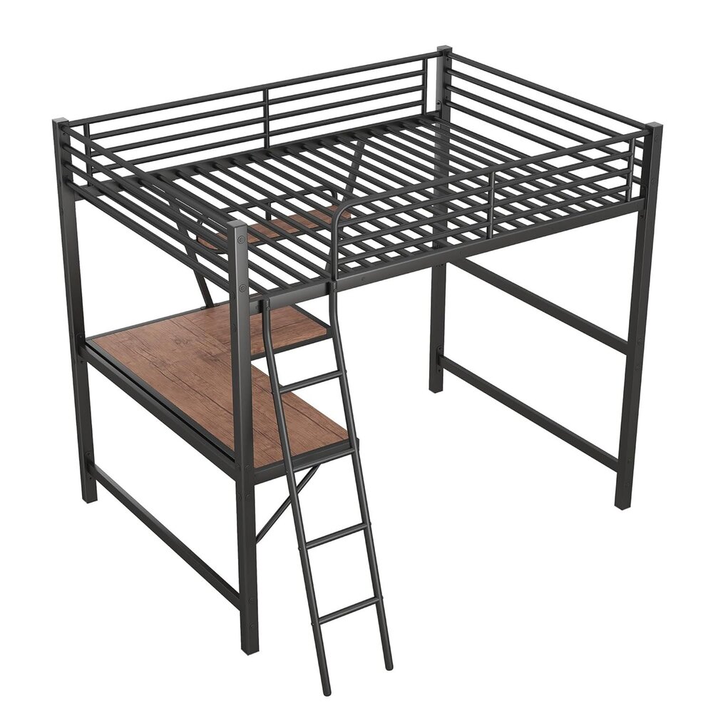 Full-Size Metal Loft Bed with Desk and Shelf, Full Bed Frame for Dorm, Boys & Girls, Teens, Black