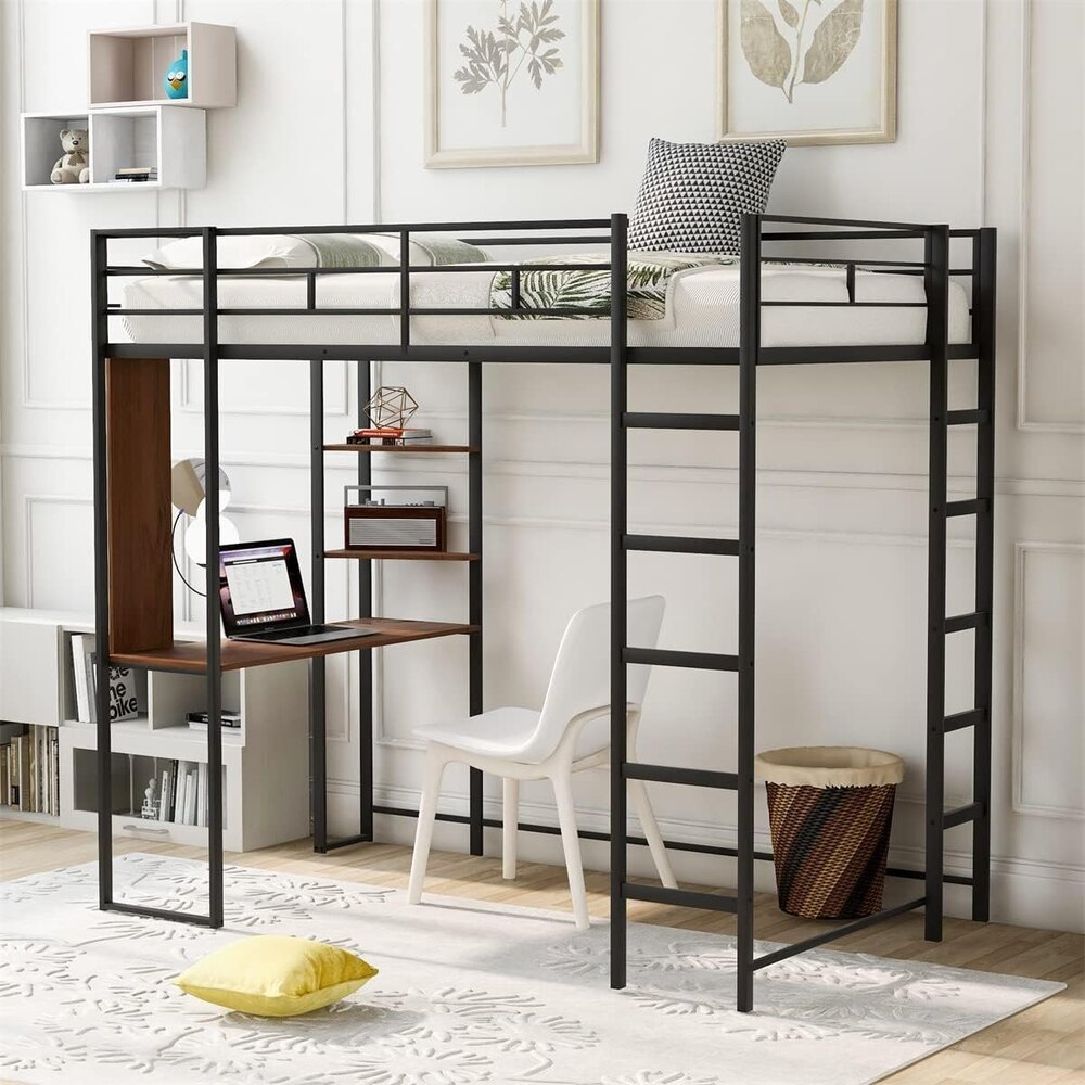 Twin Size Loft Bed with Desk and 2 Storage Shelves, Metal Bed Frame