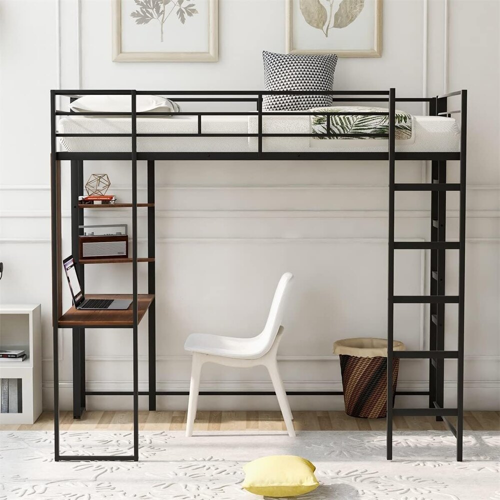 Twin Size Loft Bed with Desk and 2 Storage Shelves, Metal Bed Frame