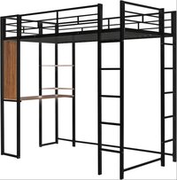 Twin Size Loft Bed with Desk and 2 Storage Shelves, Metal Bed Frame