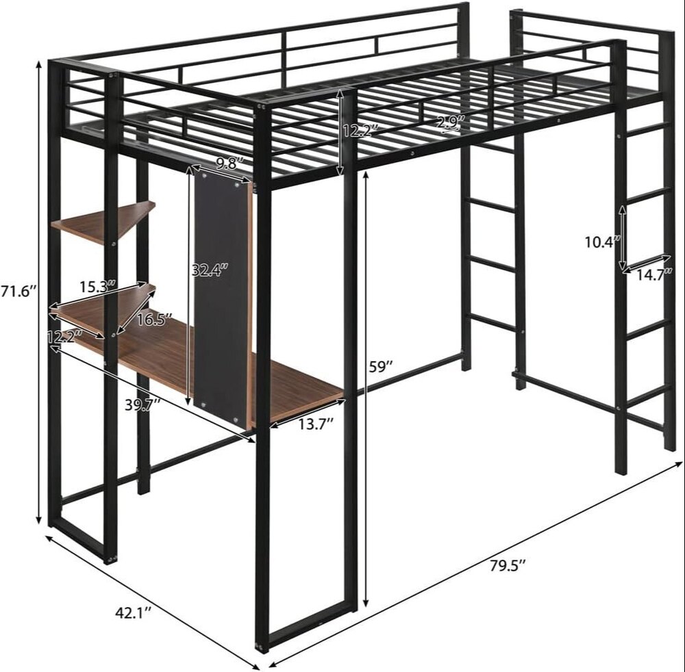 Twin Size Loft Bed with Desk and 2 Storage Shelves, Metal Bed Frame