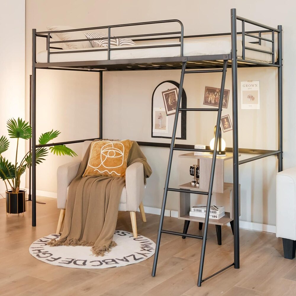 Twin Metal Loft Bed, Heavy-Duty Loft Bed Frame with Ladder & Safety Guard Rails, Space-Saving