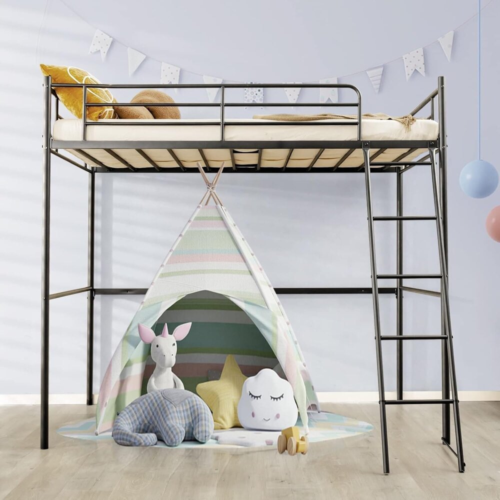 Twin Metal Loft Bed, Heavy-duty Loft Bed Frame With Ladder & Safety Guard Rails, Space-saving