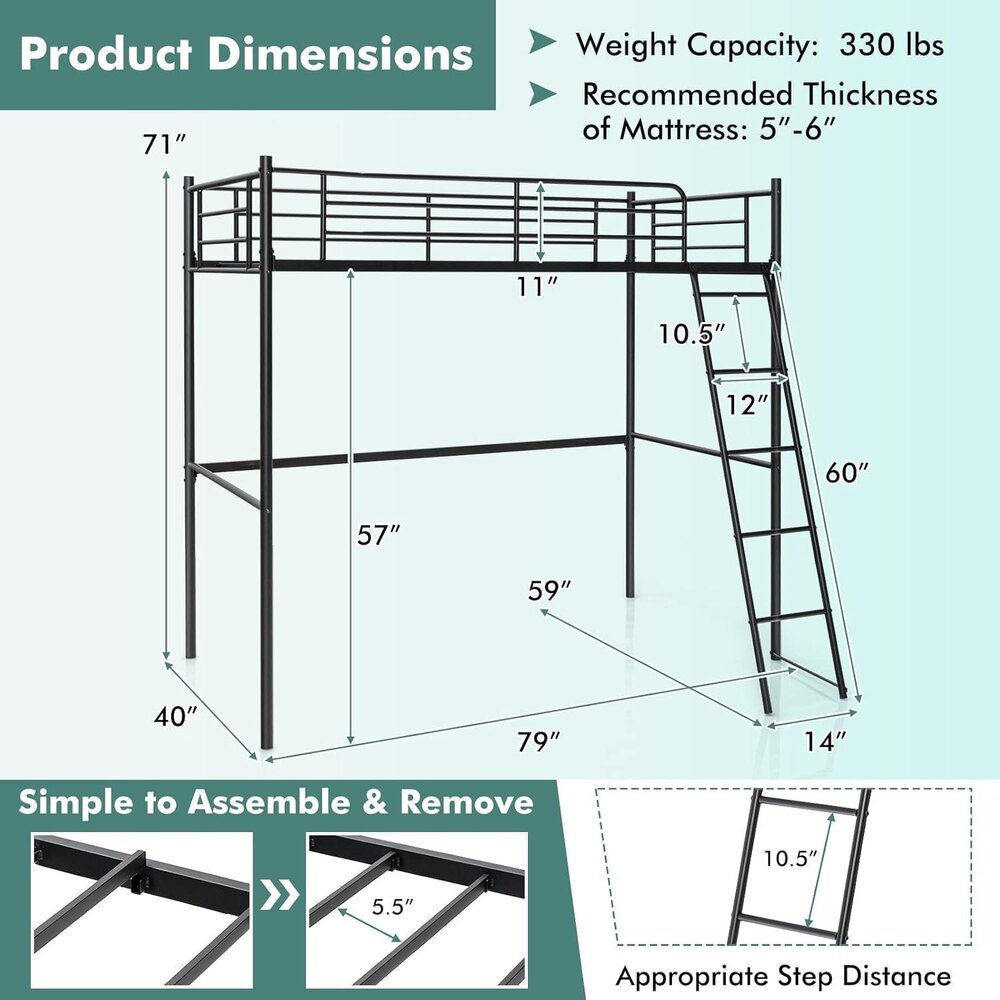 Twin Metal Loft Bed, Heavy-duty Loft Bed Frame With Ladder & Safety Guard Rails, Space-saving