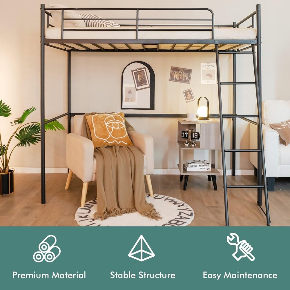 Twin Metal Loft Bed, Heavy-duty Loft Bed Frame With Ladder & Safety Guard Rails, Space-saving