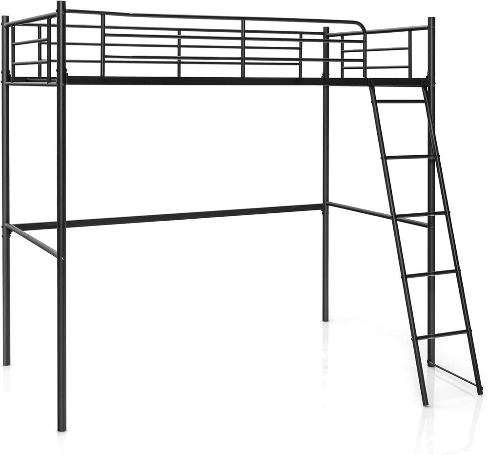 Twin Metal Loft Bed, Heavy-duty Loft Bed Frame With Ladder & Safety Guard Rails, Space-saving