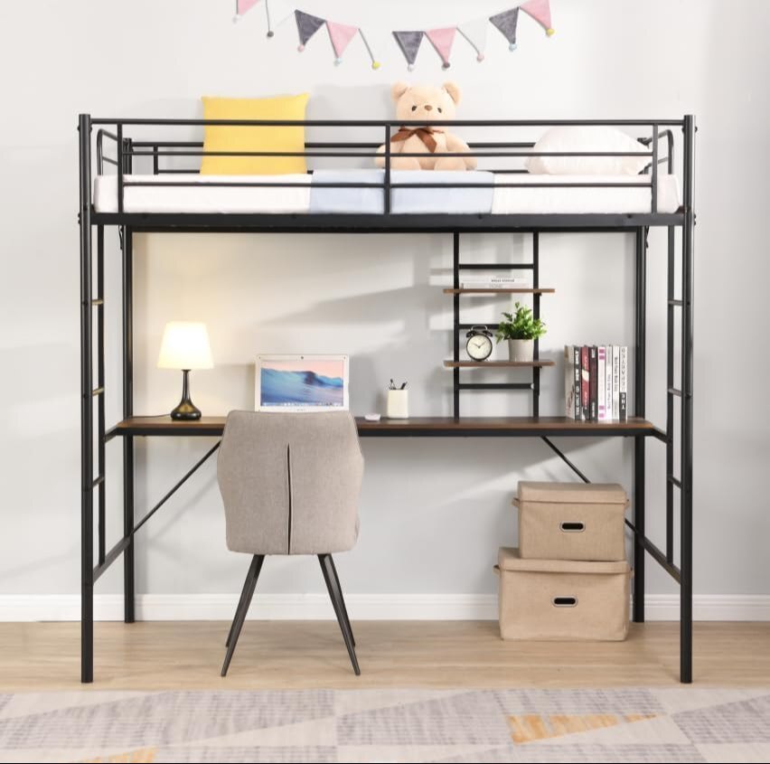 Twin Metal Size Table & Storage Shelves, Heavy Duty Loft Bed Frame with 2 Built-in Sturdy Ladders