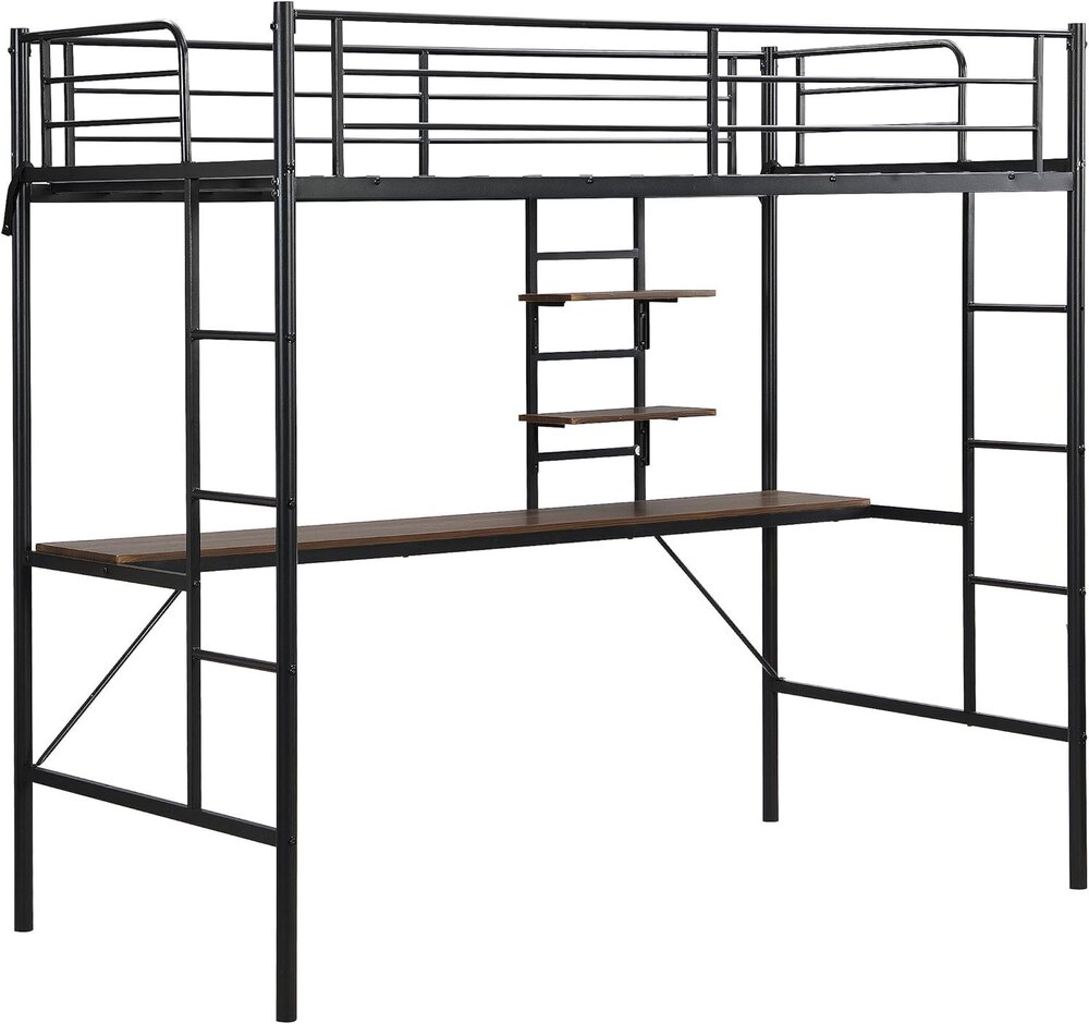 Twin Metal Size Table & Storage Shelves, Heavy Duty Loft Bed Frame With 2 Built-in Sturdy Ladders - Application: Industrial