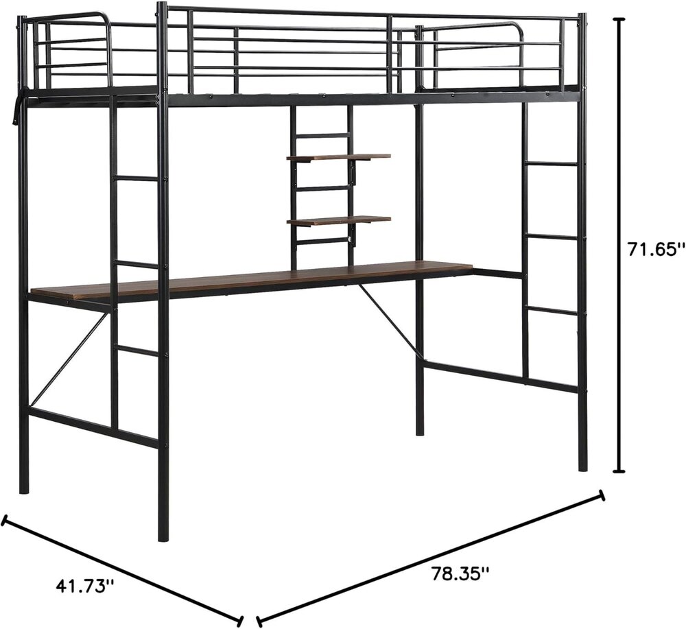 Twin Metal Size Table & Storage Shelves, Heavy Duty Loft Bed Frame with 2 Built-in Sturdy Ladders