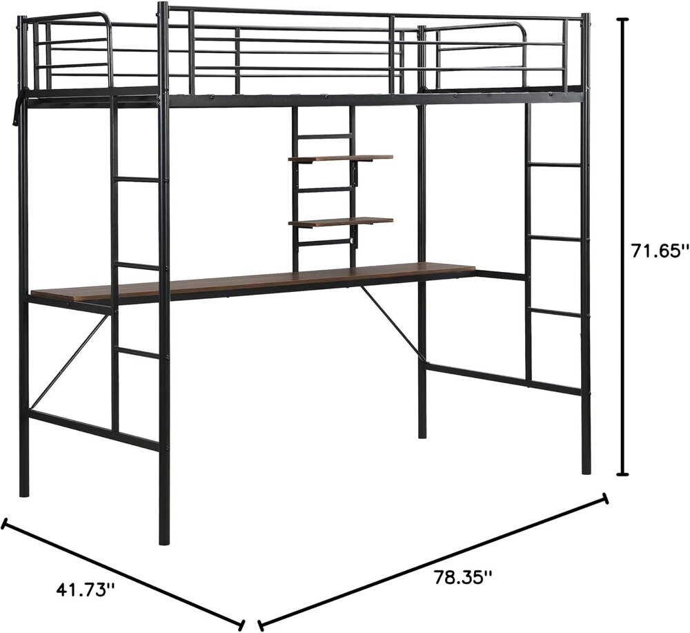 Twin Metal Size Table & Storage Shelves, Heavy Duty Loft Bed Frame With 2 Built-in Sturdy Ladders - Application: Industrial