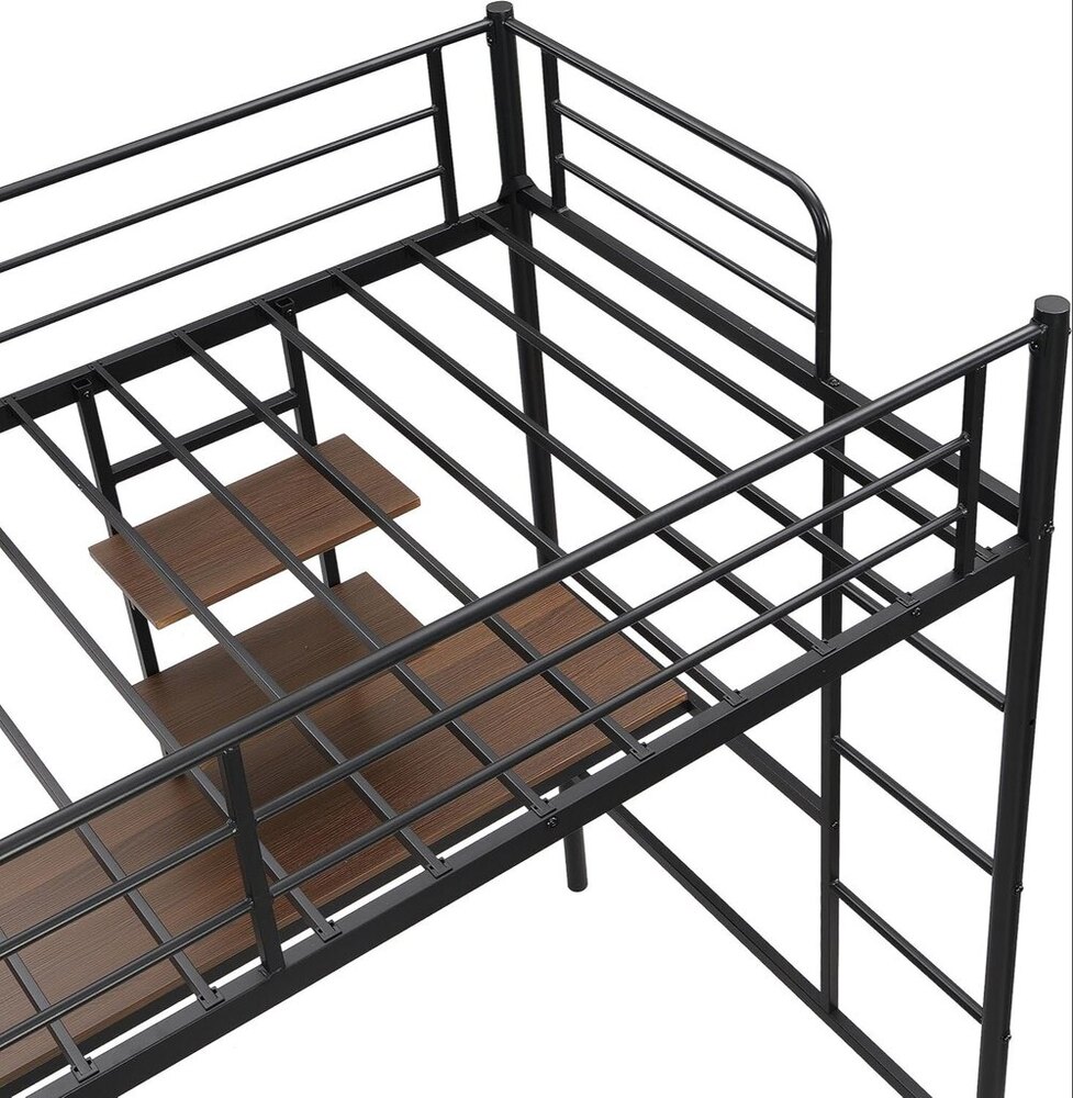 Twin Metal Size Table & Storage Shelves, Heavy Duty Loft Bed Frame With 2 Built-in Sturdy Ladders - Application: Industrial