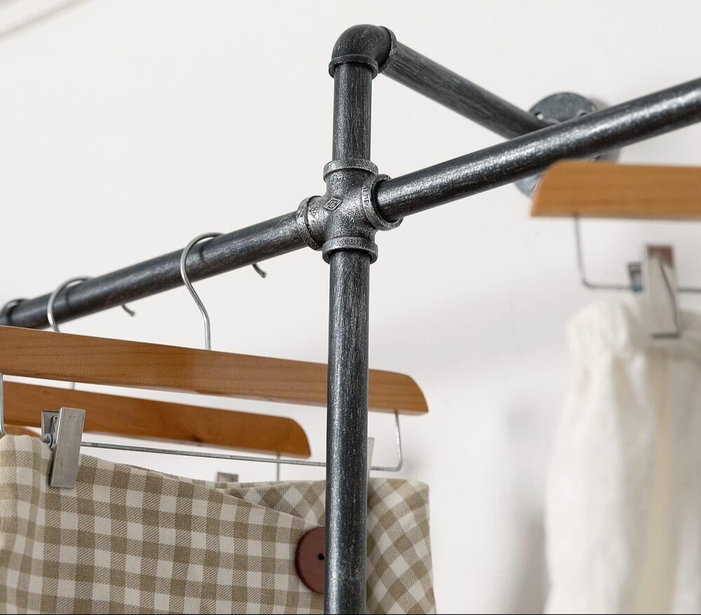 Industrial Wall Clothes Rack, Heavy-duty Clothing Rack, Pipe Style Garment Rack - Color: Black