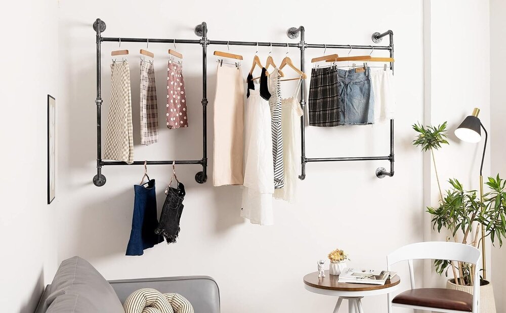 Industrial Wall Clothes Rack, Heavy-duty Clothing Rack, Pipe Style Garment Rack - Color: Black
