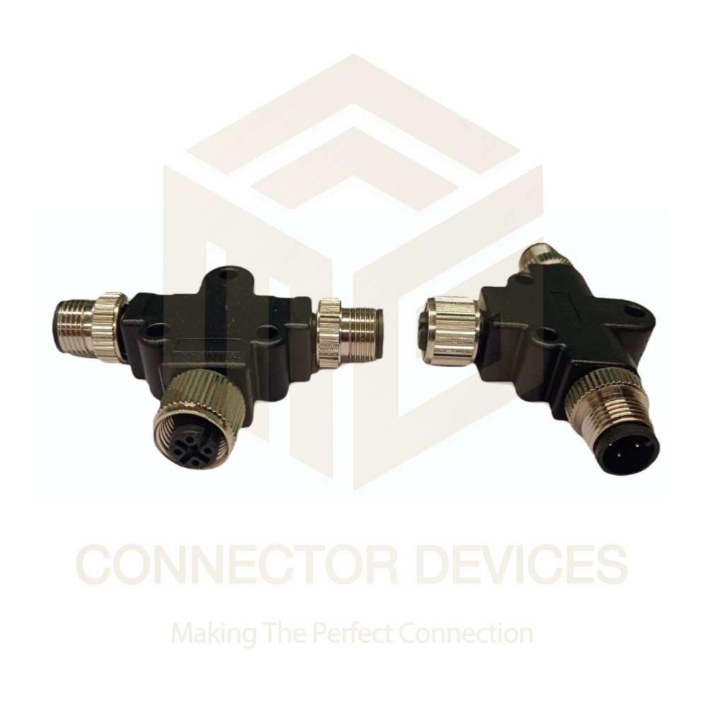 M12 Sensor Connectors T Splitter 4 Pin - Color: Black