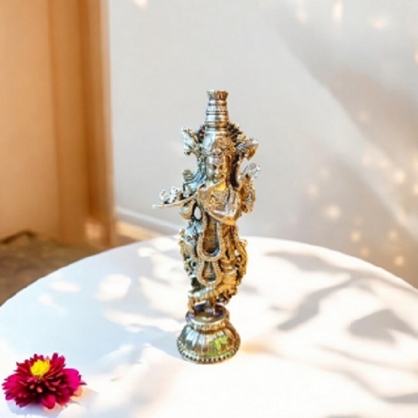 Aakrati Brass Krishna Showpiece Decorative Statue for Home, Pooja Room & Spiritual Blessings