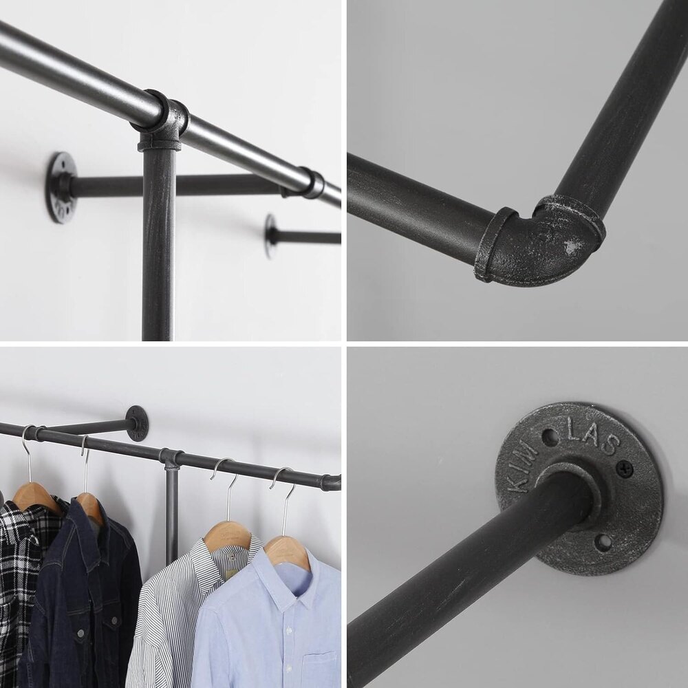 Industrial Pipe Clothes Rack, Heavy Duty Wall Mounted Black Iron Garment