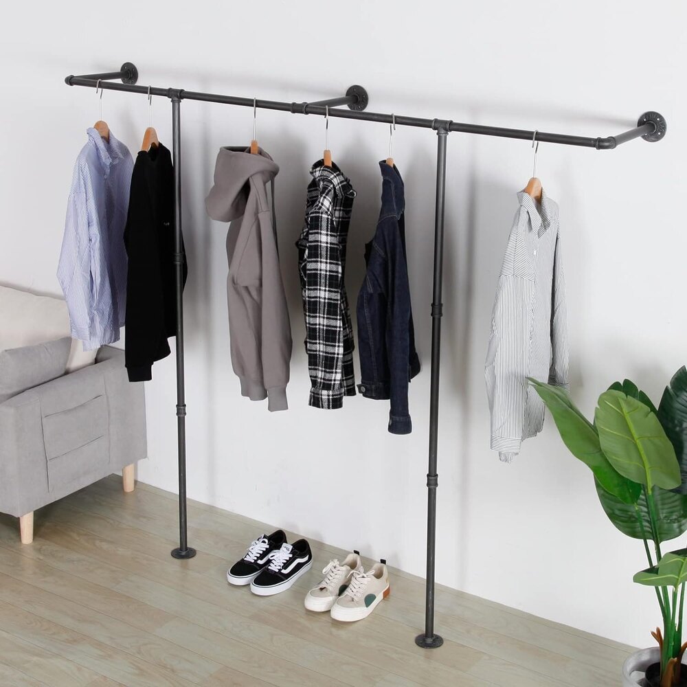 Industrial Pipe Clothes Rack, Heavy Duty Wall Mounted Black Iron Garment