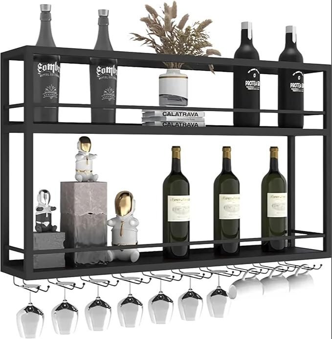 Wall Mounted  2-Tier Wood Bottle Shelf with Stemware Rack,