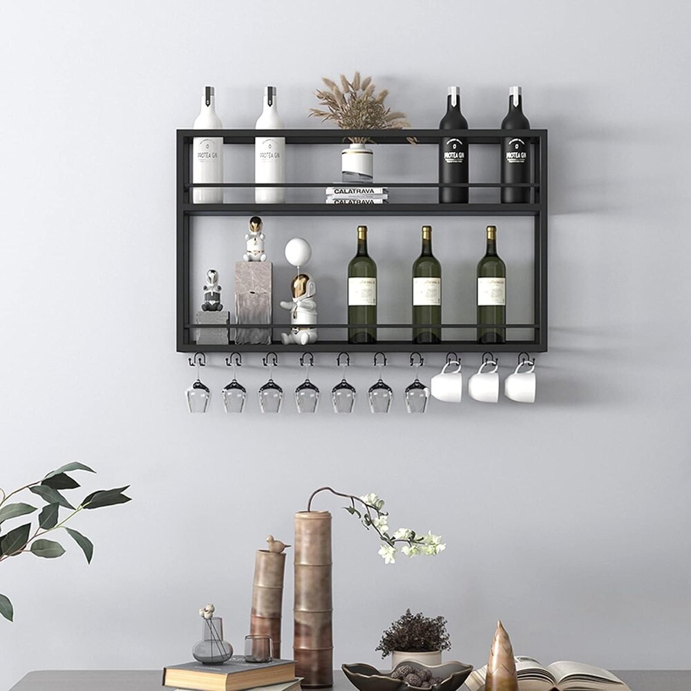 Wall Mounted  2-Tier Wood Bottle Shelf with Stemware Rack,