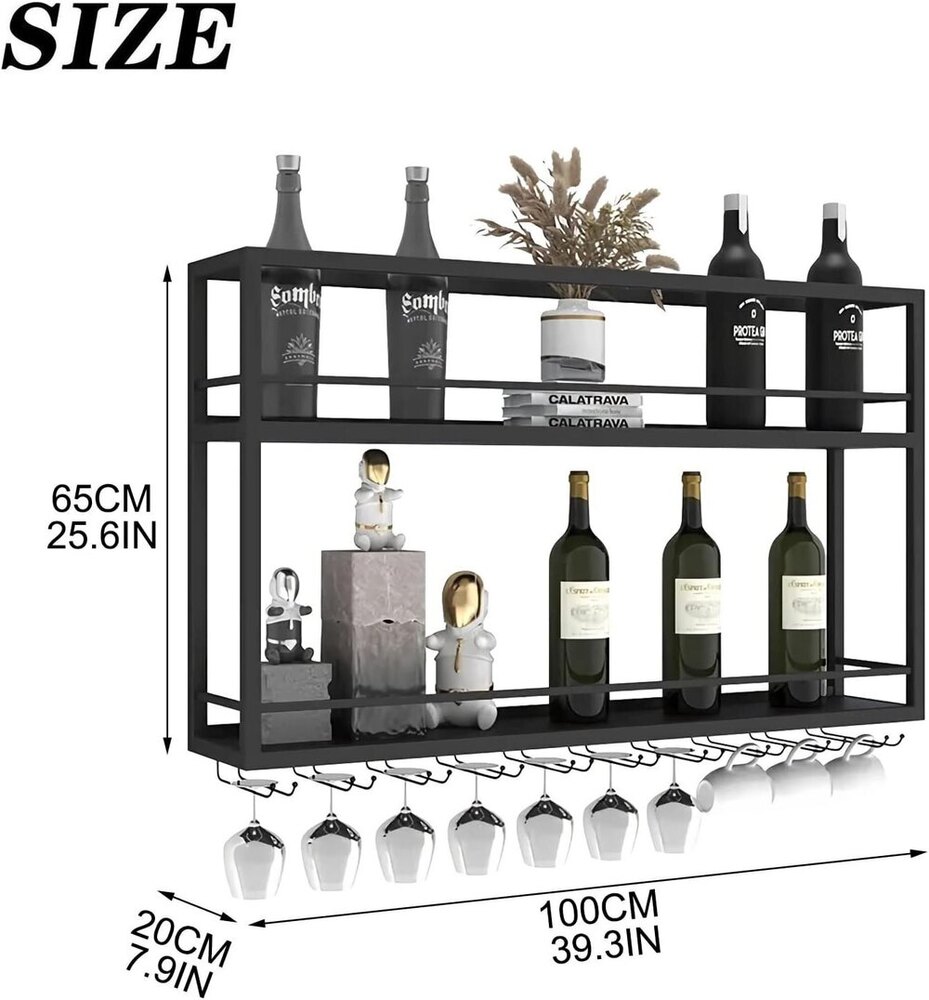 Wall Mounted  2-Tier Wood Bottle Shelf with Stemware Rack,