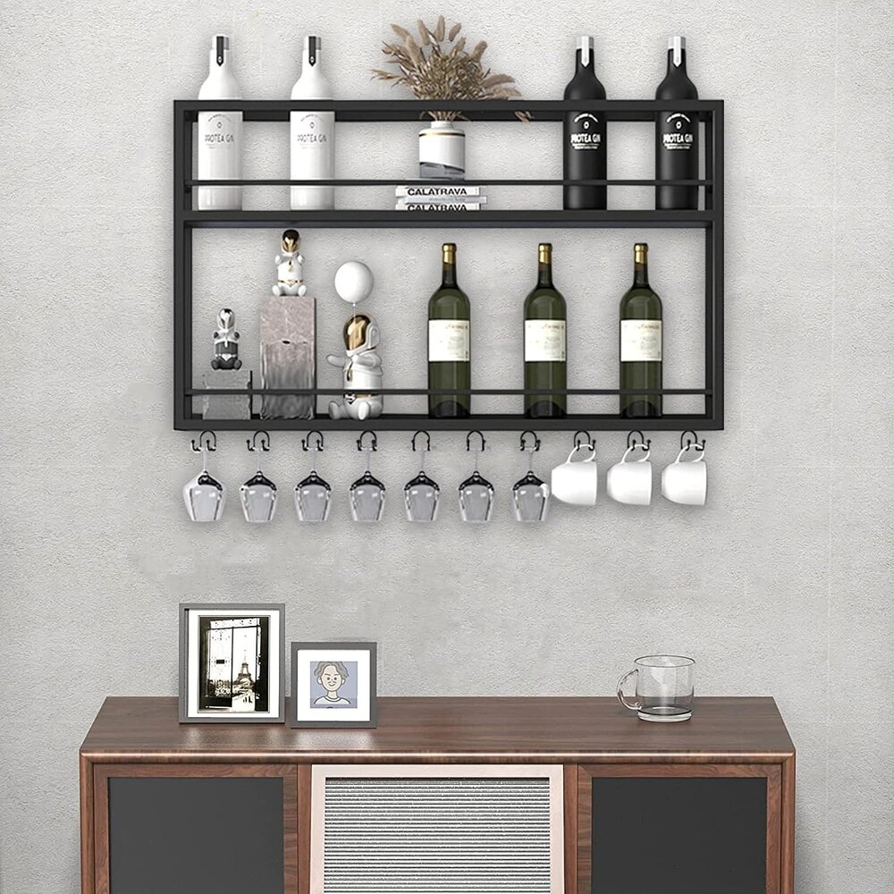 Wall Mounted  2-Tier Wood Bottle Shelf with Stemware Rack,