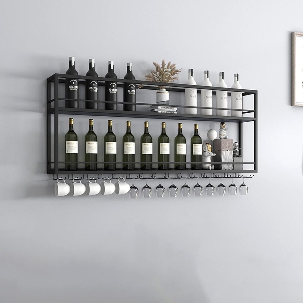 Wall Mounted  2-Tier Wood Bottle Shelf with Stemware Rack,