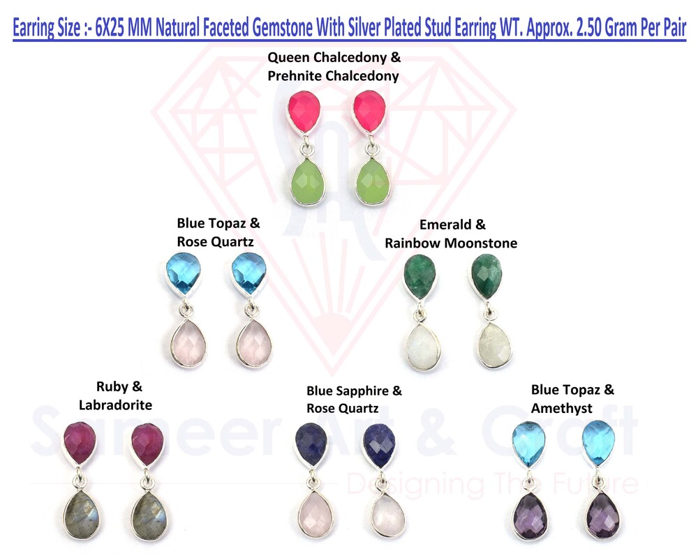 Handmade Design Pear Shape Natural Gemstone With Silver Plated Fashion Faceted Cut Stone Stud Earrings