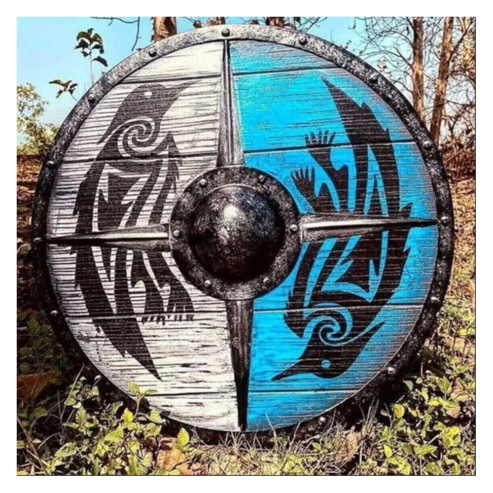 Wooden Viking Shield Medieval Ragnar Shield 24'', Blue & White, Large