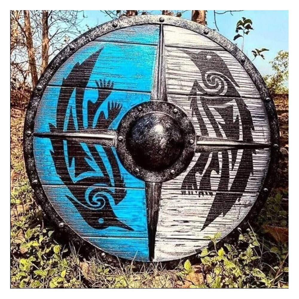 Wooden Viking Shield Medieval Ragnar Shield 24'', Blue & White, Large