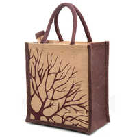 Brown Printed Jute Bags - Jute Material, 12x11x5 Inch, Brown and Red Color | Zipper Closure, 10 Liter Capacity, Stylish Printed Design