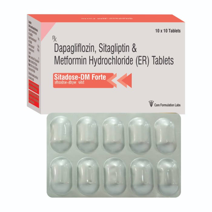 Dapagliflozin 10mg +Sitagliptin Phosphate Monohydrate Ip, Sitagliptin 100mg +Metformin Hydrochloride Ip 1000mg (In Extended Relese Form) Tab