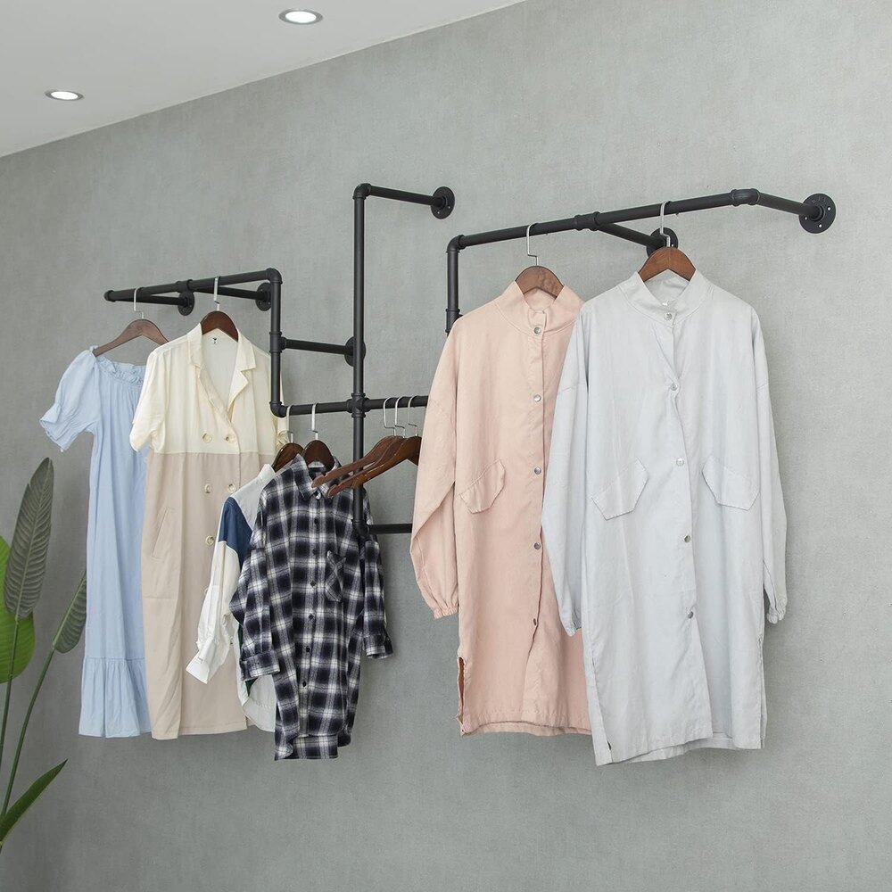 Industrial Pipe Clothing Rack, Wall Mounted Garment Hanging Bar, Iron Commercial Clothes Hanger