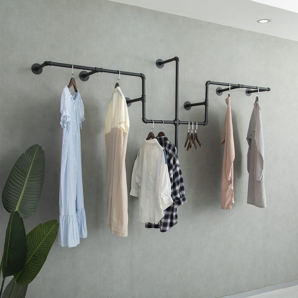 Industrial Pipe Clothing Rack, Wall Mounted Garment Hanging Bar, Iron Commercial Clothes Hanger