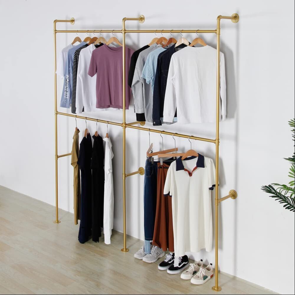 Industrial Pipe Wall Mounted Garment Rack Heavy Duty Hanging Rod for Closet Storage, 89.8in Gold