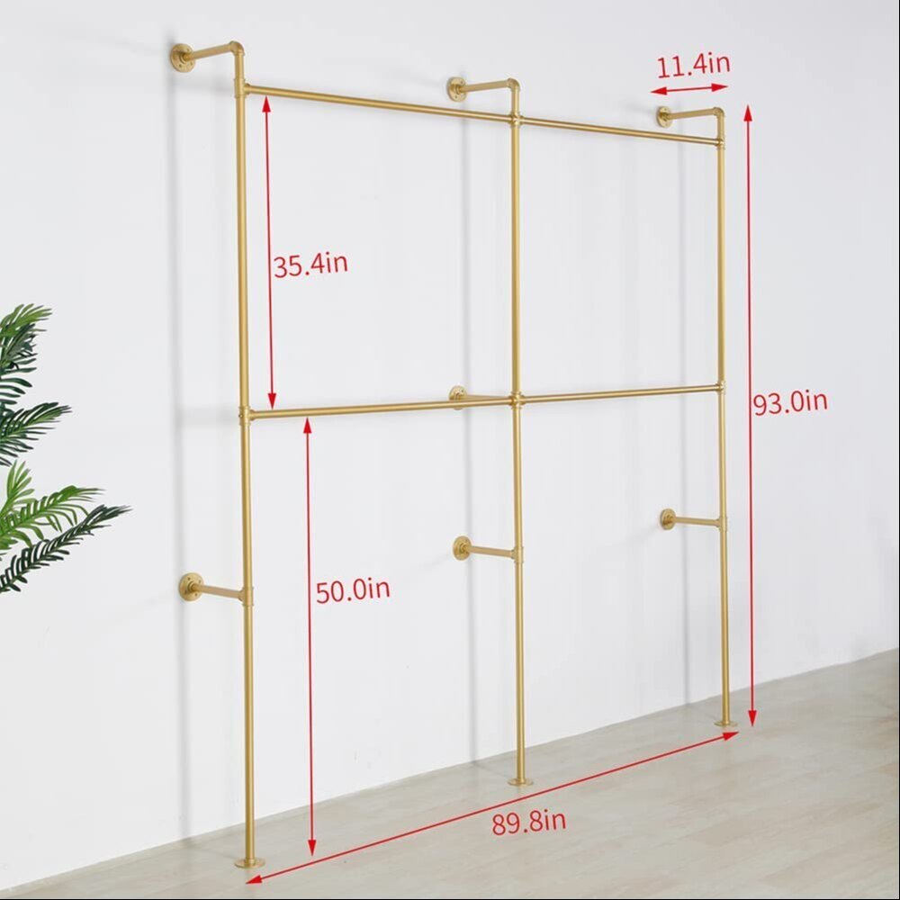 Industrial Pipe Wall Mounted Garment Rack Heavy Duty Hanging Rod for Closet Storage, 89.8in Gold