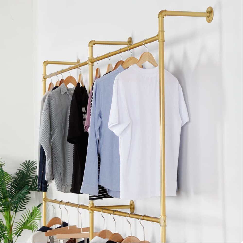 Industrial Pipe Wall Mounted Garment Rack Heavy Duty Hanging Rod for Closet Storage, 89.8in Gold