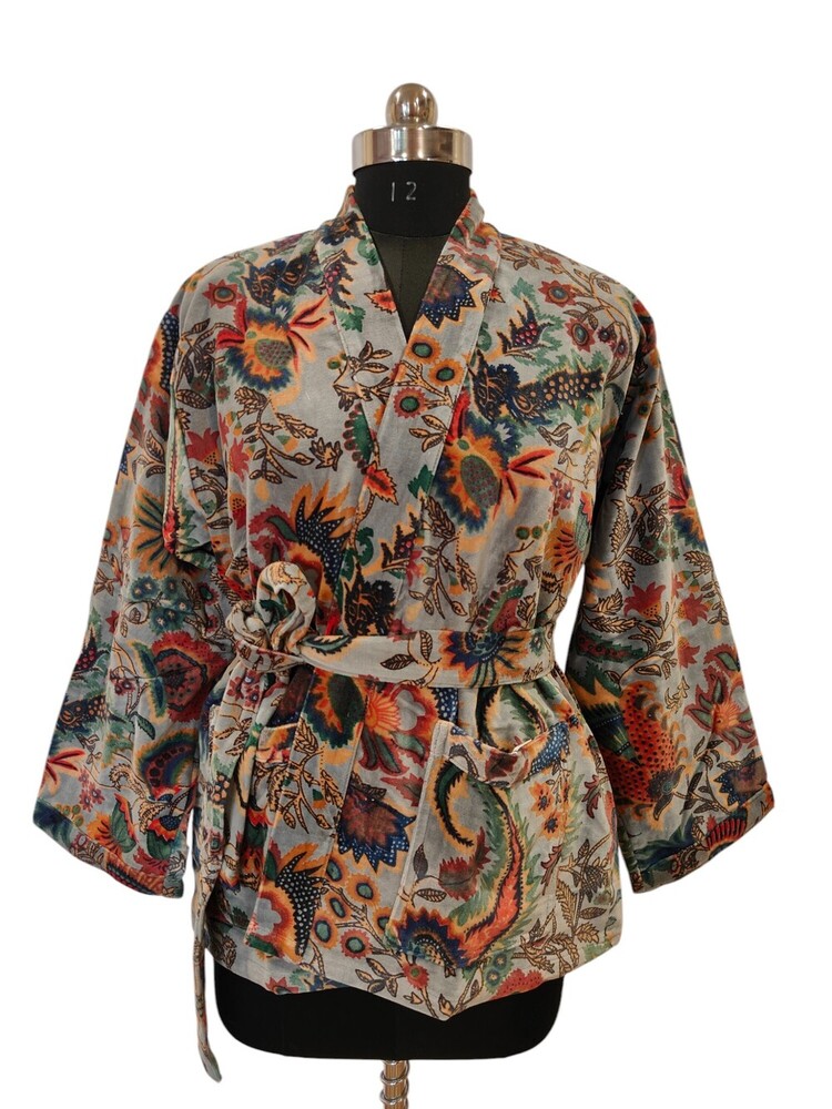 New Screen Printed Short Velvet Kimono