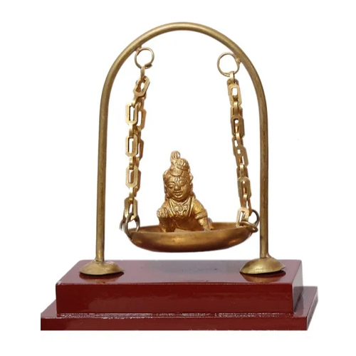 Brass Krishna Jhula With Wooden Base - Color: Golden