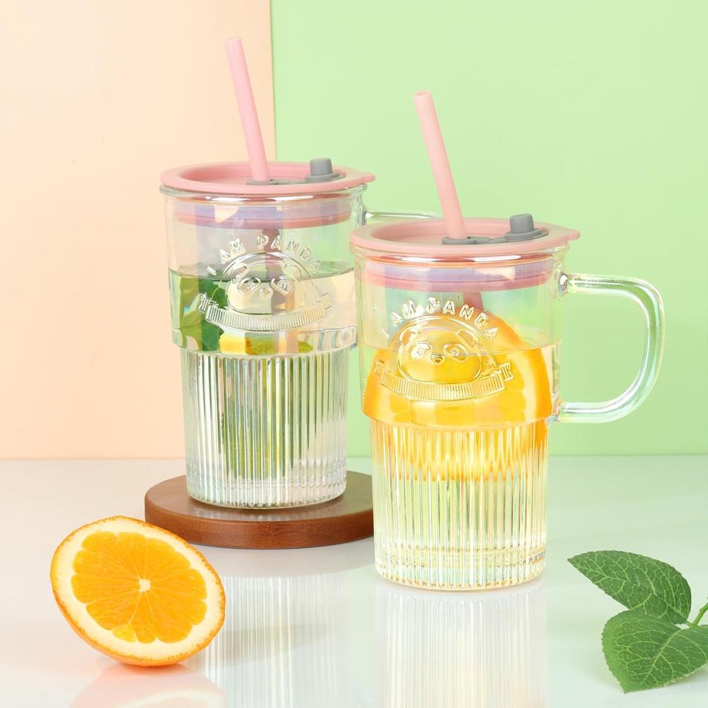 Glass Tumbler with Lid Handle and Straw