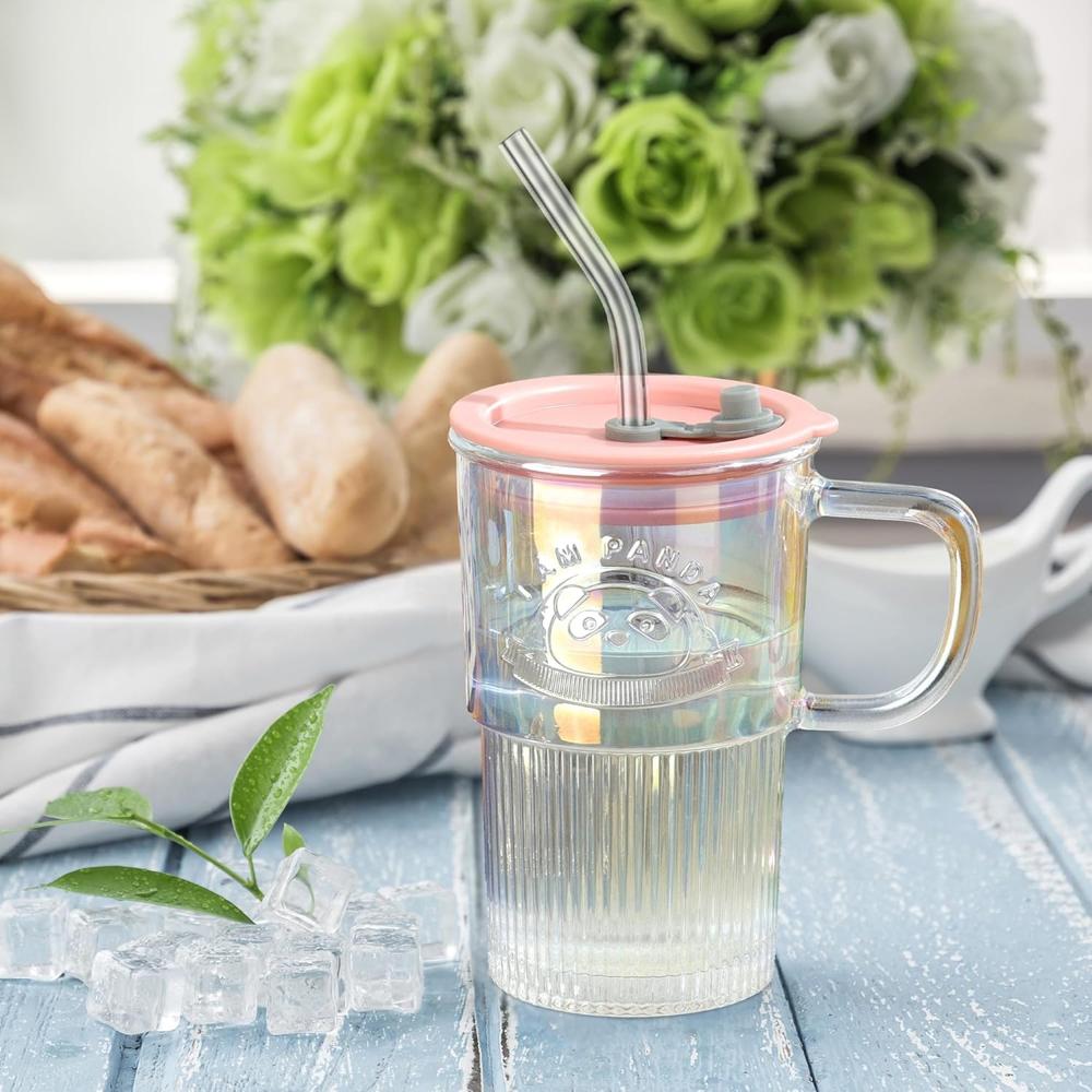 Glass Tumbler with Lid Handle and Straw