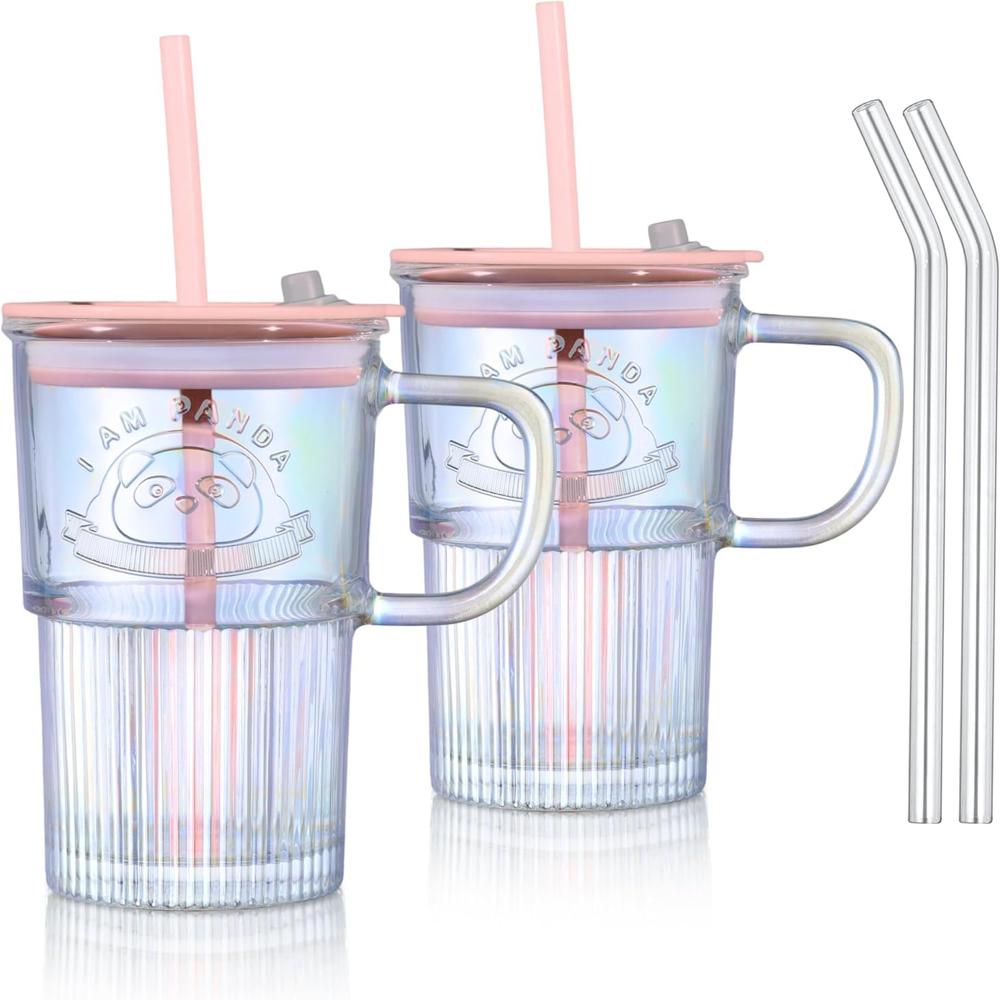 Glass Tumbler with Lid Handle and Straw