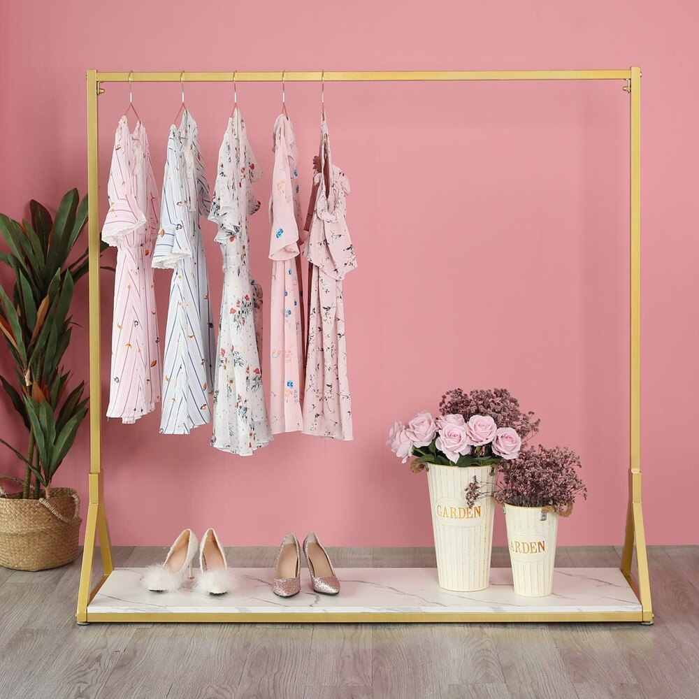 Gold Clothing Rack Modern Metal Garment Rack with Wooden Shelf Boutique Retail Display Rack