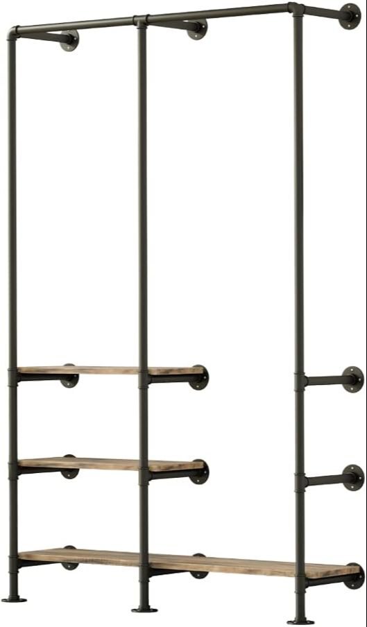 Industrial Pipe Clothing Rack with Shelves, Wall Mounted Garment Rack, Heavy Duty Choset Clothes