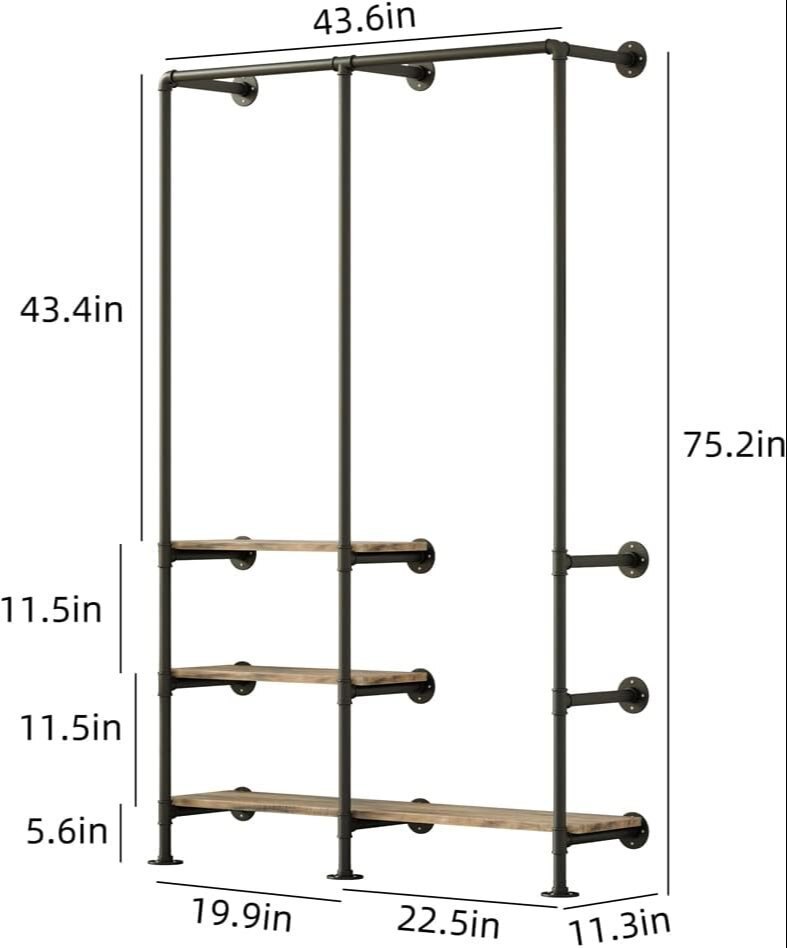 Industrial Pipe Clothing Rack with Shelves, Wall Mounted Garment Rack, Heavy Duty Choset Clothes